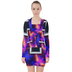 Box-abstract-frame-square V-neck Bodycon Long Sleeve Dress by Bedest