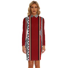 Background-damask-red-black Long Sleeve Shirt Collar Bodycon Dress by Bedest