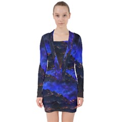 Landscape-sci-fi-alien-world V-neck Bodycon Long Sleeve Dress by Bedest