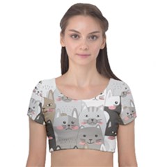 Cute Cats Seamless Pattern Velvet Short Sleeve Crop Top  by pakminggu