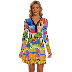 Illustration Cartoon Character Animal Cute Long Sleeve Deep V Mini Dress  by Cowasu