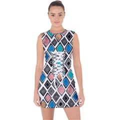 Diamond Shapes Pattern Lace Up Front Bodycon Dress by Cowasu