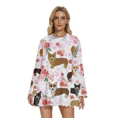 Corgis Corgi Pattern Round Neck Long Sleeve Bohemian Style Chiffon Mini Dress by Cowasu