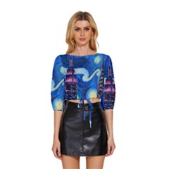 Starry Night In New York Van Gogh Manhattan Chrysler Building And Empire State Building Mid Sleeve Drawstring Hem Top by Sarkoni