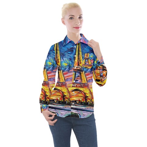 Eiffel Tower Starry Night Print Van Gogh Women s Long Sleeve Pocket Shirt by Sarkoni