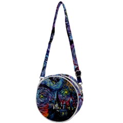 Castle Starry Night Print Van Gogh Parody Crossbody Circle Bag by Sarkoni