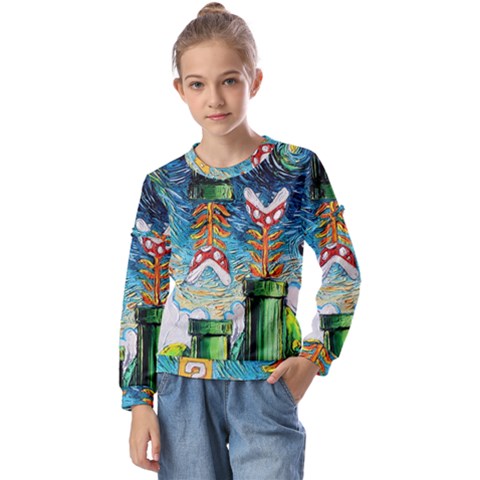 Game Starry Night Doctor Who Van Gogh Parody Kids  Long Sleeve T-shirt With Frill  by Sarkoni