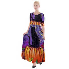 Halloween Art Starry Night Hallows Eve Black Cat Pumpkin Half Sleeves Maxi Dress by Sarkoni