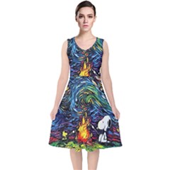 Dog Cartoon Starry Night Print Van Gogh Parody V-neck Midi Sleeveless Dress  by Sarkoni