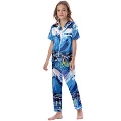 Mount Fuji Art Starry Night Van Gogh Kids  Satin Short Sleeve Pajamas Set by Sarkoni