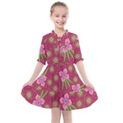 Flower Background Pattern Pink Kids  All Frills Chiffon Dress by Ravend