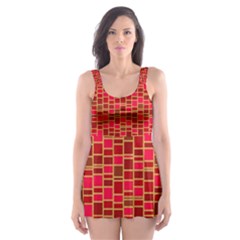 Geometry Background Red Rectangle Pattern Skater Dress Swimsuit by Ravend