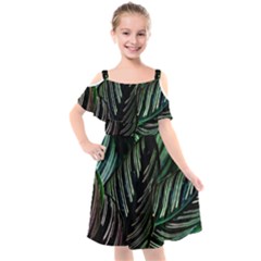 Calathea Leaves Strippe Line Kids  Cut Out Shoulders Chiffon Dress by Ravend