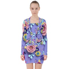 3d Flowers Pattern Flora Background V-neck Bodycon Long Sleeve Dress by Bedest