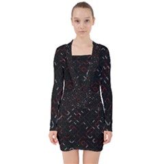 Abstract Dark Pattern Minimal V-neck Bodycon Long Sleeve Dress by Bedest