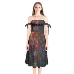 Peacock Feather Bird Shoulder Tie Bardot Midi Dress by Bedest