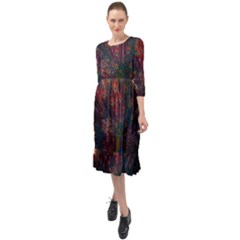 Peacock Feather Bird Ruffle End Midi Chiffon Dress by Bedest