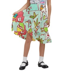 Summer Up Cute Doodle Kids  Ruffle Flared Wrap Midi Skirt by Bedest