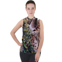 Japanese Painting Flower Peacock Mock Neck Chiffon Sleeveless Top by Bedest