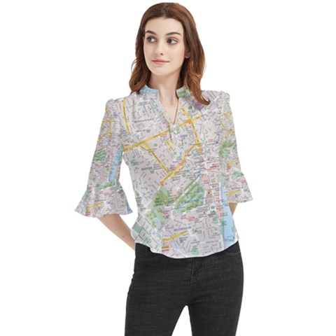 London City Map Loose Horn Sleeve Chiffon Blouse by Bedest