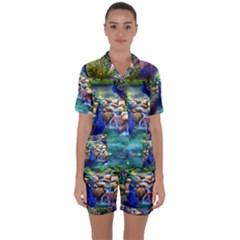 Peacocks  Fantasy Garden Satin Short Sleeve Pajamas Set by Bedest