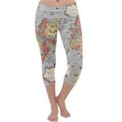 Vintage Old Antique World Map Capri Yoga Leggings by Bedest