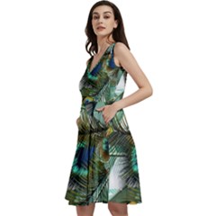 Peacock Feathers Sleeveless V-neck Skater Dress With Pockets by Bedest