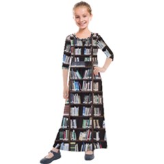 Book Collection In Brown Wooden Bookcases Books Bookshelf Library Kids  Quarter Sleeve Maxi Dress by Ravend