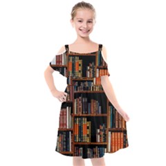 Assorted Title Of Books Piled In The Shelves Assorted Book Lot Inside The Wooden Shelf Kids  Cut Out Shoulders Chiffon Dress by Ravend