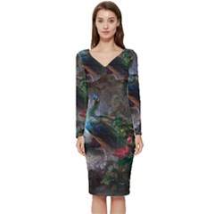 Peacock Art Painting Long Sleeve V-neck Bodycon Dress  by Ndabl3x