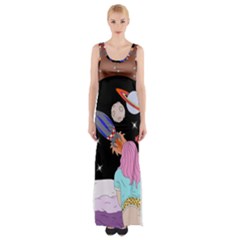 Girl Bed Space Planet Spaceship Thigh Split Maxi Dress by Bedest