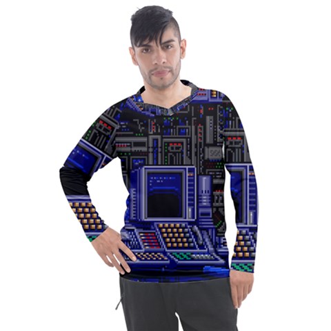 Blue Computer Monitor With Chair Game Digital Art Men s Pique Long Sleeve T-shirt by Bedest