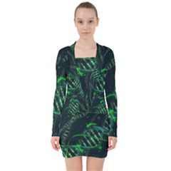 Green And Black Abstract Digital Art V-neck Bodycon Long Sleeve Dress by Bedest