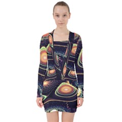 Psychedelic Trippy Abstract 3d Digital Art V-neck Bodycon Long Sleeve Dress by Bedest