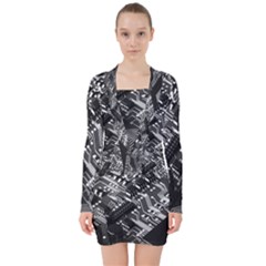 Black And Gray Circuit Board Computer Microchip Digital Art V-neck Bodycon Long Sleeve Dress by Bedest