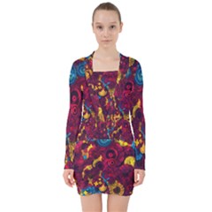 Psychedelic Digital Art Colorful Flower Abstract Multi Colored V-neck Bodycon Long Sleeve Dress by Bedest