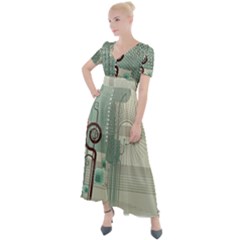 Green Red And White Line Digital Abstract Art Button Up Short Sleeve Maxi Dress by Bedest