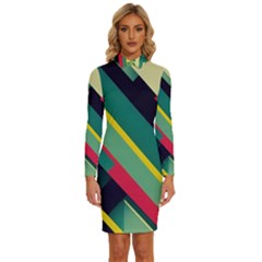 Abstract Geometric Design Pattern Long Sleeve Shirt Collar Bodycon Dress by Bedest