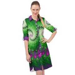 Fractal Spiral Purple Art Green Art Long Sleeve Mini Shirt Dress by Proyonanggan