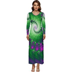 Fractal Spiral Purple Art Green Art Long Sleeve Longline Maxi Dress by Proyonanggan