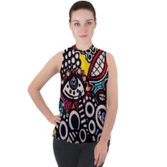 Multicolored Abstract Painting Colorful Mock Neck Chiffon Sleeveless Top by Grandong