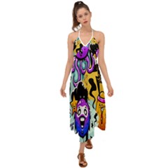 Cartoon Graffiti, Art, Black, Colorful, Wallpaper Halter Tie Back Dress  by nateshop