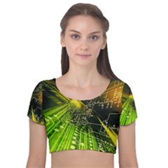 Machine Technology Circuit Electronic Computer Technics Detail Psychedelic Abstract Pattern Velvet Short Sleeve Crop Top  by Sarkoni