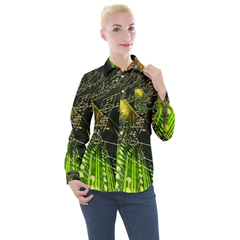 Machine Technology Circuit Electronic Computer Technics Detail Psychedelic Abstract Pattern Women s Long Sleeve Pocket Shirt by Sarkoni