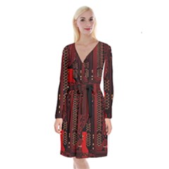 Technology Computer Circuit Long Sleeve Velvet Front Wrap Dress by Sarkoni