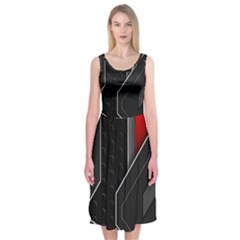 Gamer Tech Black Mesh Red Modern Shape Texture Geometric Pattern Midi Sleeveless Dress by Sarkoni