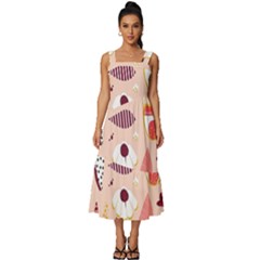 Scandinavian Flat Floral Background Coral Pink White Black Gold Pattern Square Neckline Tiered Midi Dress by Sarkoni