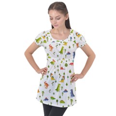 Baby Dino Seamless Pattern Puff Sleeve Tunic Top by Sarkoni