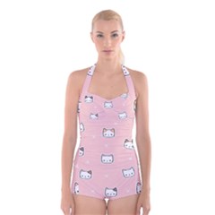 Cute Cat Cartoon Doodle Seamless Pink Pattern Boyleg Halter Swimsuit  by Grandong