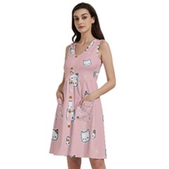 Cute Cat Cartoon Doodle Seamless Pink Pattern Sleeveless Dress With Pocket by Grandong